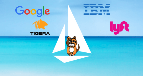 Istio mascot sailing into Kubernetes networking, supported by Google, IBM, Lyft, and Tigera