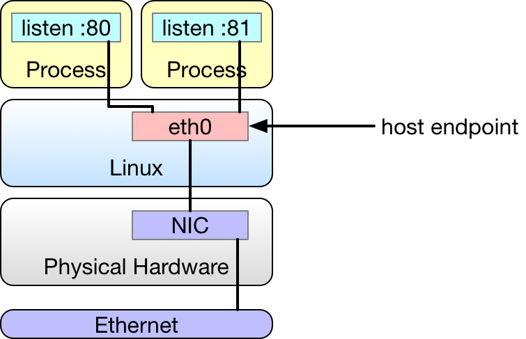 Linux OS on bare metal. Processes listen on ports via eth0, the NIC, and Ethernet. No virtualization