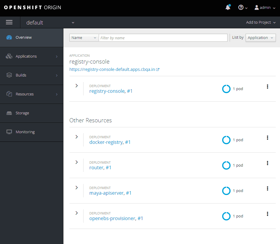 OpenShift Web Console showing OpenEBS provisioner deployment, a prerequisite for MongoDB installation