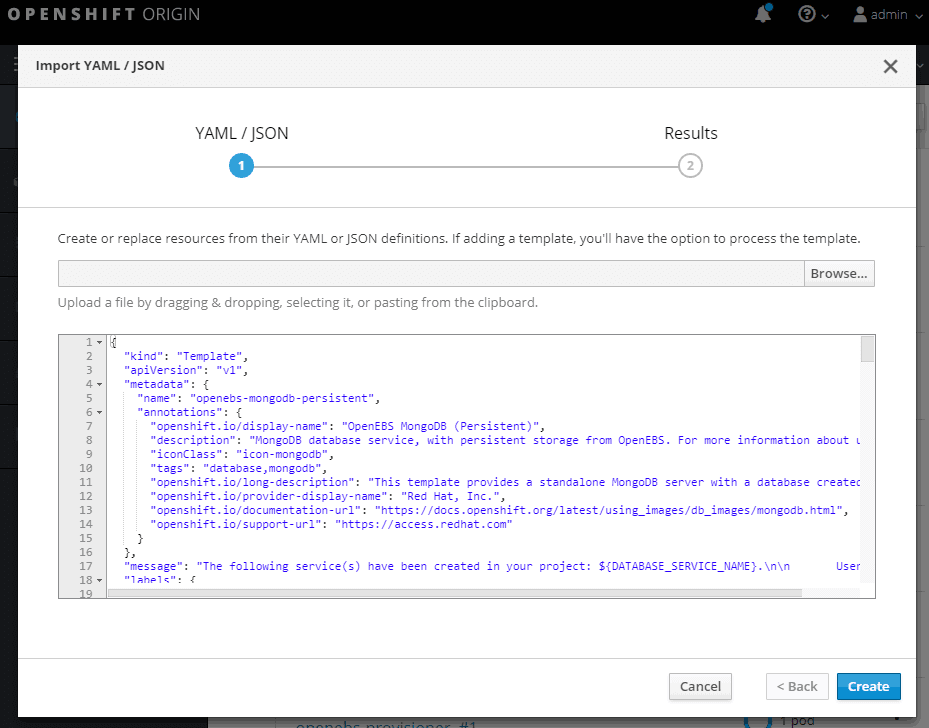 OpenShift Web Console showing YAML for MongoDB deployment on OpenEBS. YAML includes OpenEBS MongoDB persistent annotations
