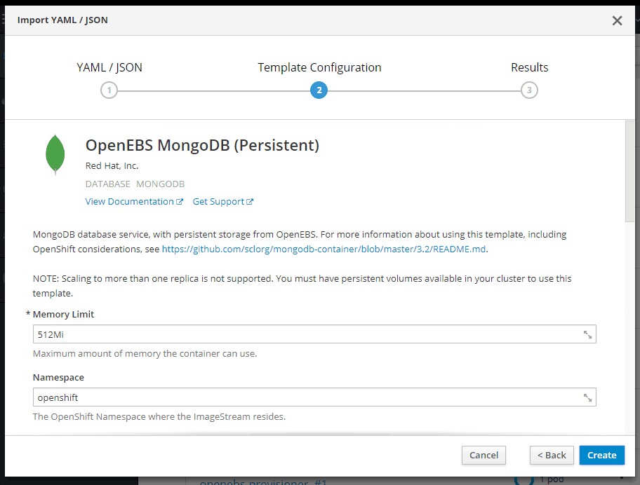 OpenEBS MongoDB template configuration in the OpenShift web console, showing memory limit and namespace settings
