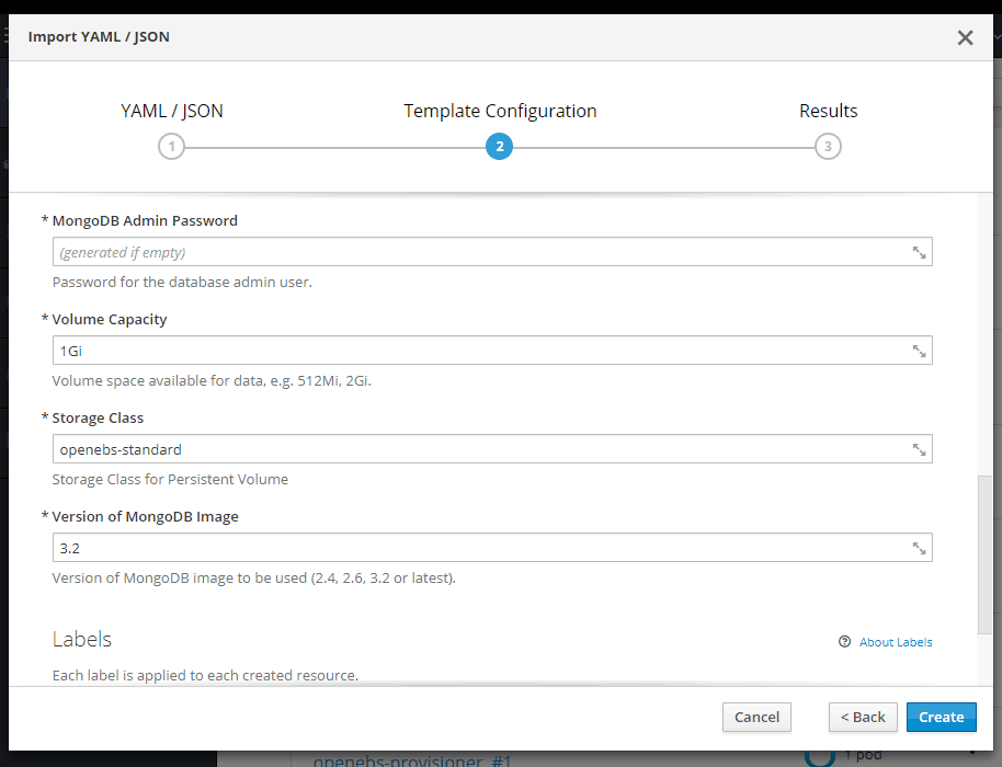 OpenShift Web Console: Configuring MongoDB template with OpenEBS storage class, volume capacity, and admin password