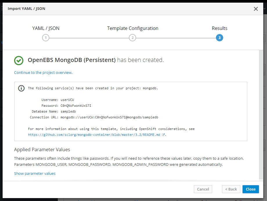 Screenshot of OpenEBS MongoDB storage class creation showing credentials and parameters