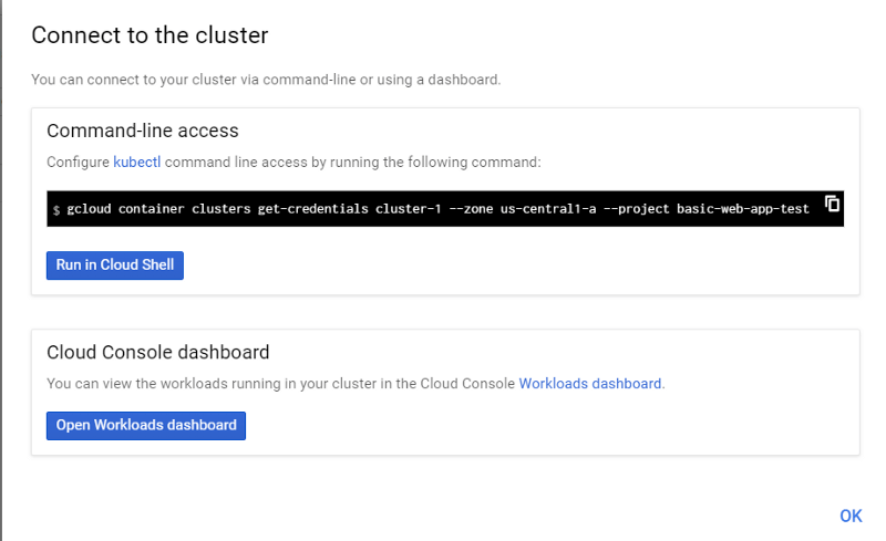 Screenshot of Cloud Shell interface showing command to connect to Kubernetes cluster and buttons to run command or open