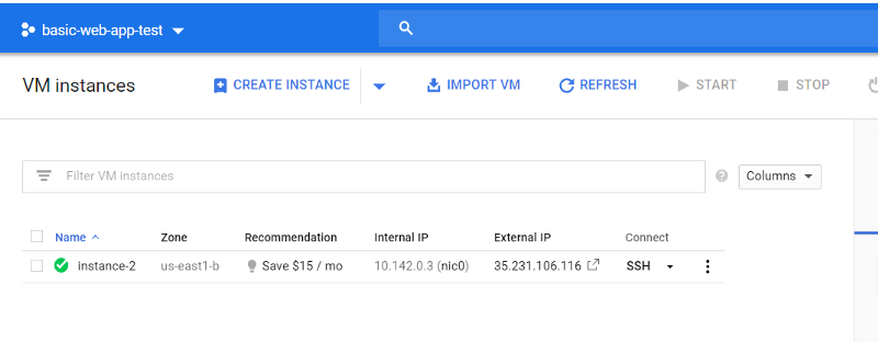 Screenshot showing a VM instance list with one instance running and a "Create Instance" button