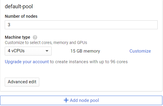 Screenshot of cluster node configuration: 3 nodes, 4 vCPUs, 15 GB RAM each, totaling 45 GB RAM