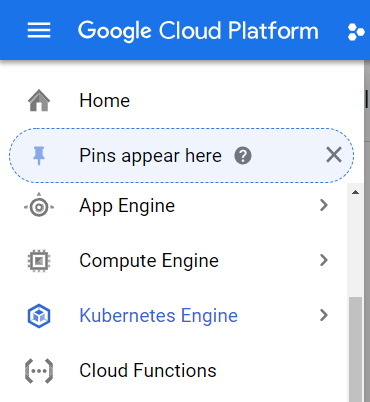 Google Cloud Platform home screen showing selection of Kubernetes Engine