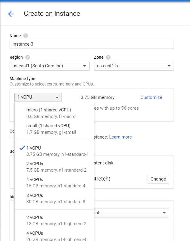 Screenshot of VM creation settings showing selection of 4 vCPUs and 15GB memory for a 1-hour task
