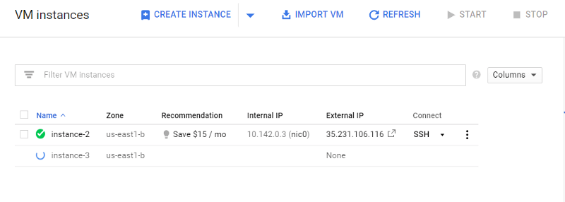 Screenshot showing a newly created VM instance, confirming completion of the "Create" step