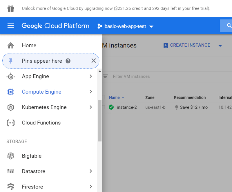 Google Compute Engine interface showing a VM instance used for deep learning model building and dockerization, bypassing