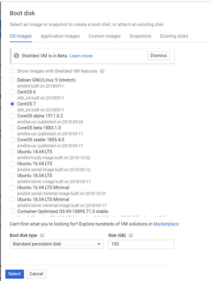 Screenshot of a VM boot disk configuration showing CentOS 7 OS selection and 100GB disk space allocation