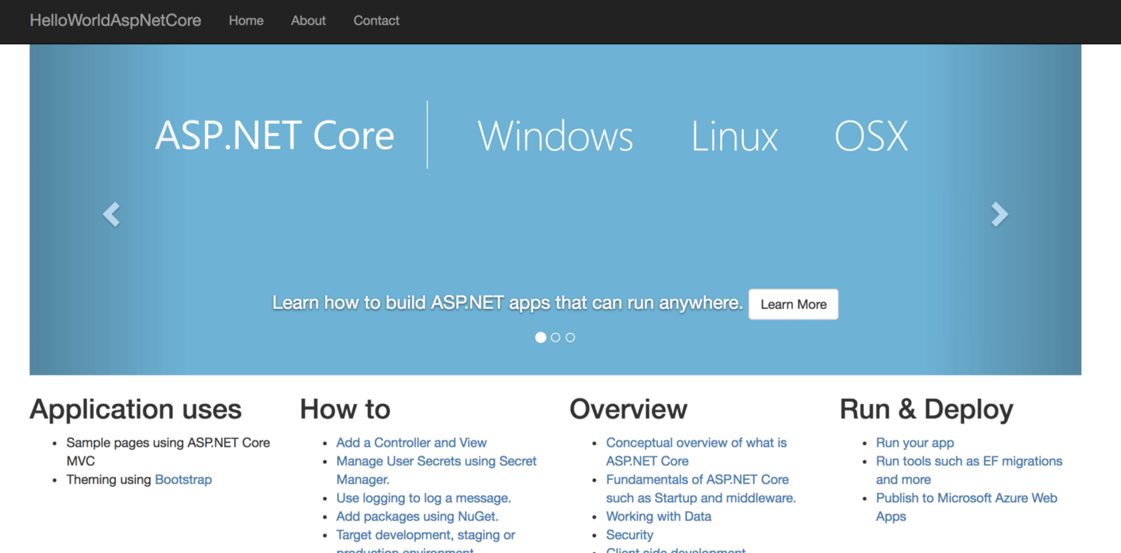Screenshot of the HelloWorld ASP.NET Core app, confirming successful deployment