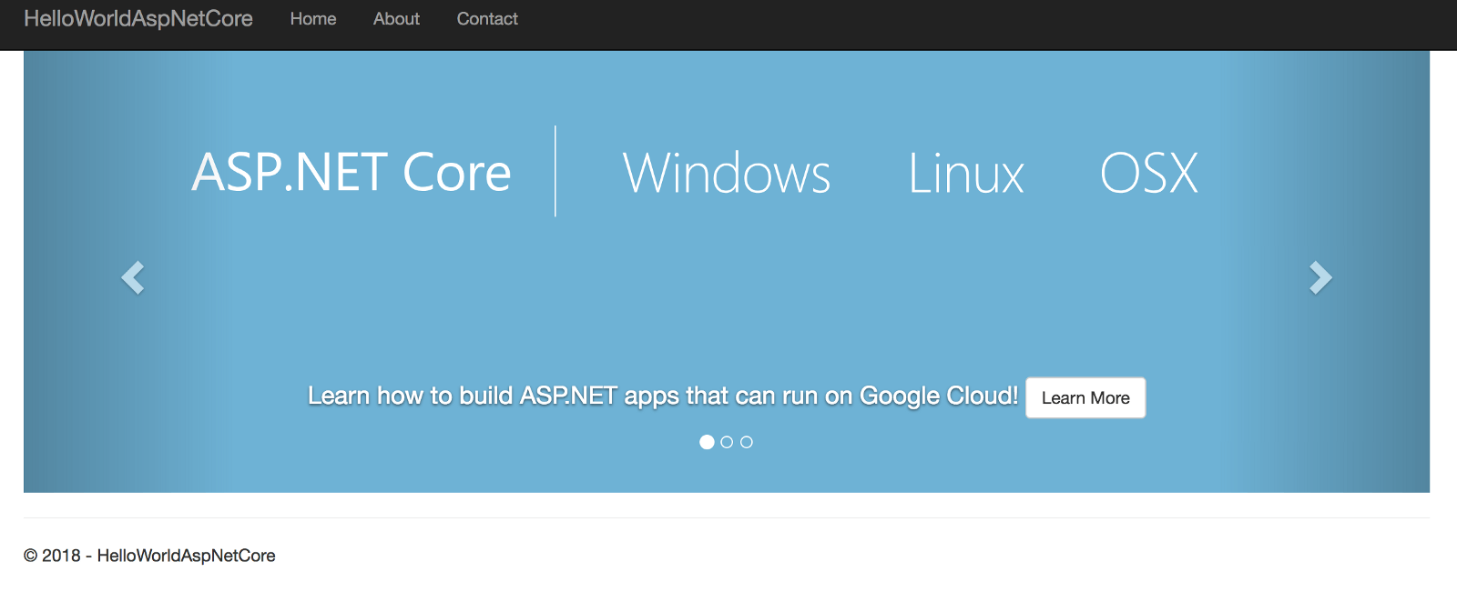 HelloWorldAspNetCore site showcasing ASP.NET Core running on Windows, Linux, and OSX