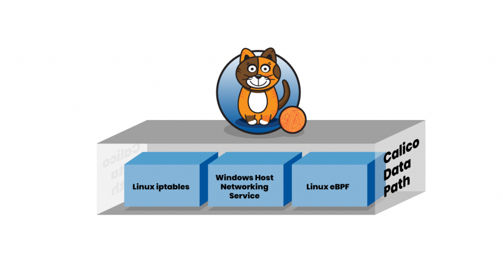 Calico's pluggable data plane, supporting Linux iptables, Windows HNS, and Linux eBPF