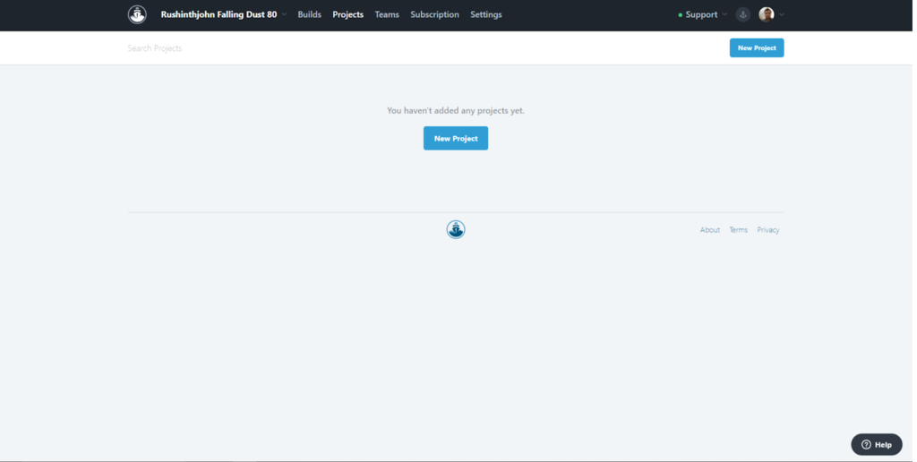 Appranix: Empty 'Projects' page. Illustrates the initial step to create a new project for CI/CD pipeline integration