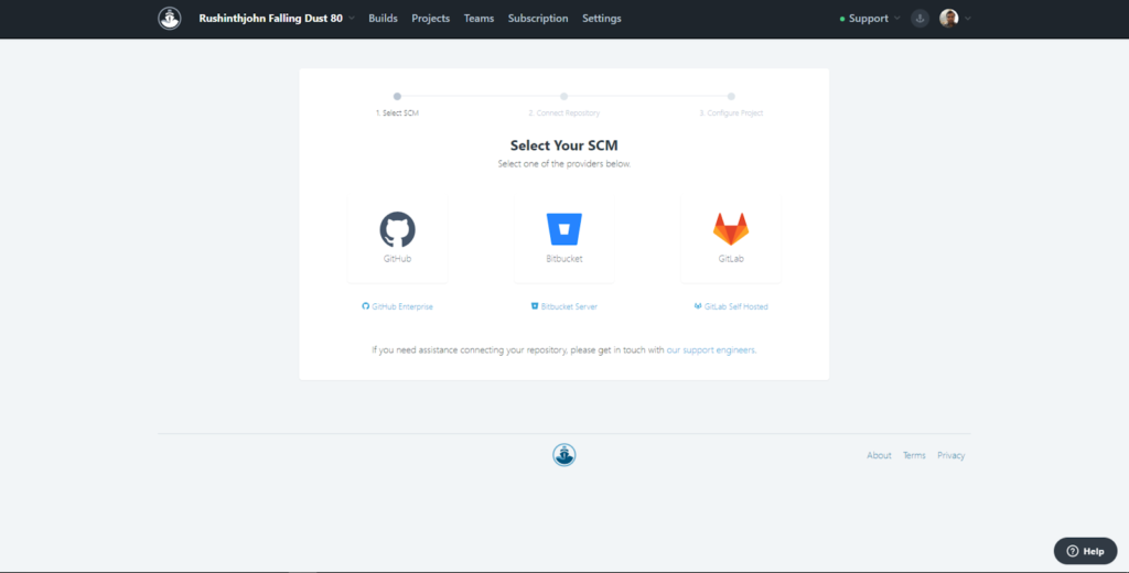 CodeShip's 'Select Your SCM' screen, showing options for GitHub, Bitbucket, and GitLab