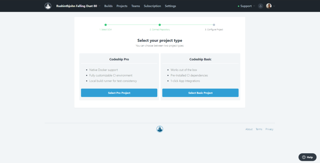 CodeShip project setup: choose project type (Pro or Basic