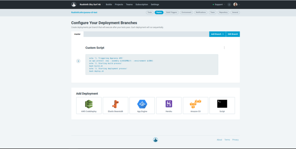 CodeShip deployment configuration screen with custom script and deployment options