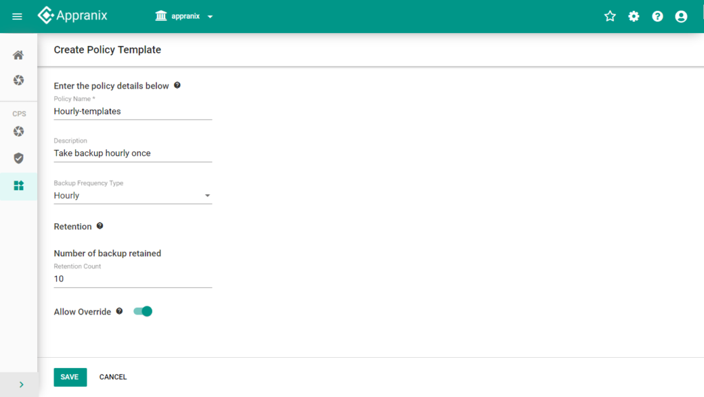 Screenshot of Appranix's 'Create Policy Template' screen, showing an hourly backup policy configuration