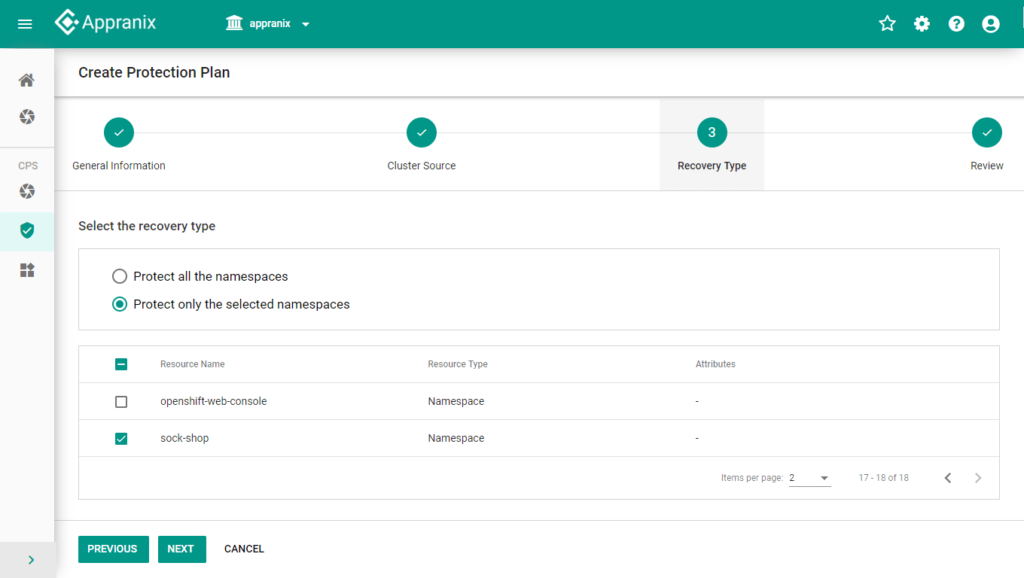 Appranix UI showing options to migrate all or selected namespaces to OpenShift 4; 'sock-shop' namespace is selected