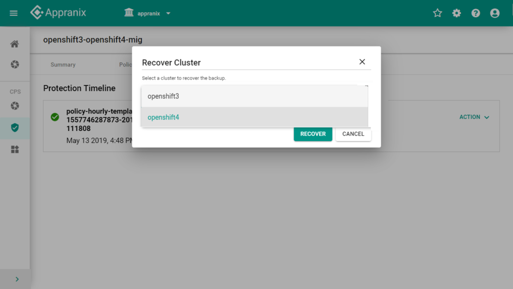 Screenshot of Appranix UI showing the 'Recover Cluster' dialog, with 'openshift4' selected as the target