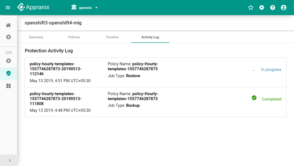 Appranix screenshot showing Openshift migration activity log with backup completed and restore in progress