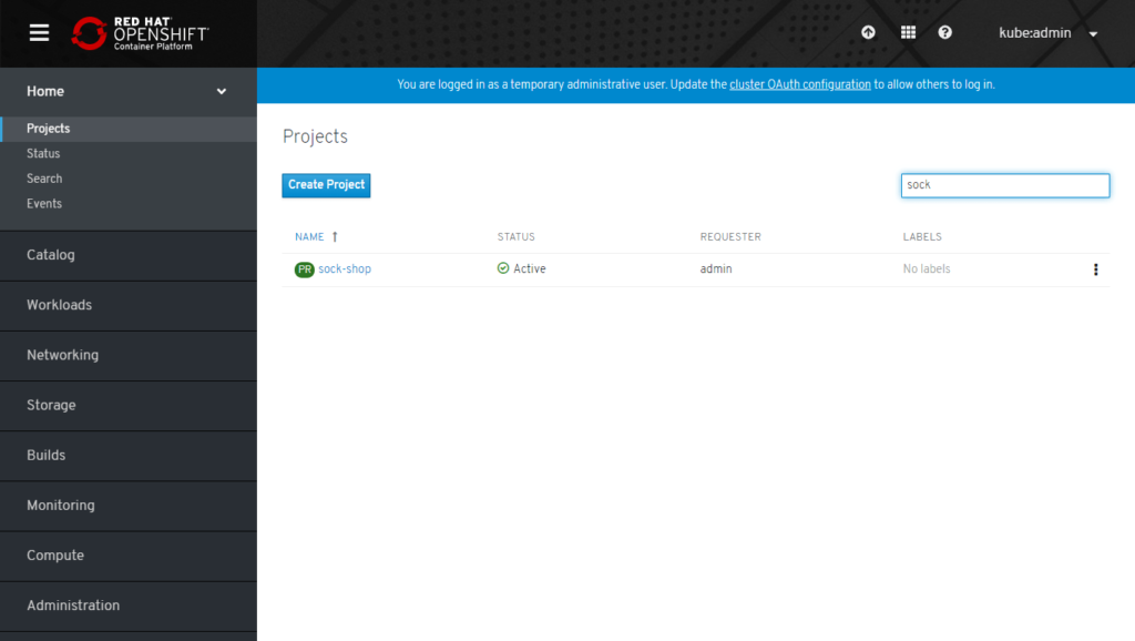OpenShift console showing the Projects page with 'sock-shop' project listed as active, illustrating project refresh