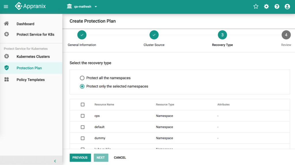 Appranix UI showing 'Create Protection Plan' steps. No setup needed, just select namespaces for migration
