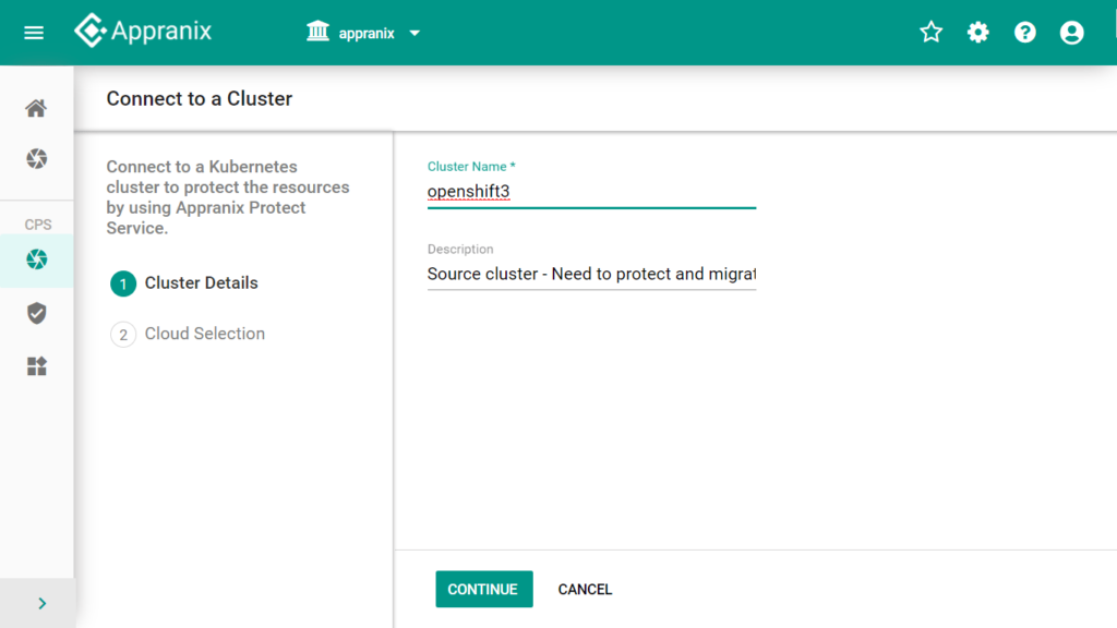 Appranix 'Connect to a Cluster' screen, showing cluster name 'openshift3' and description for configuring OpenShift cluster