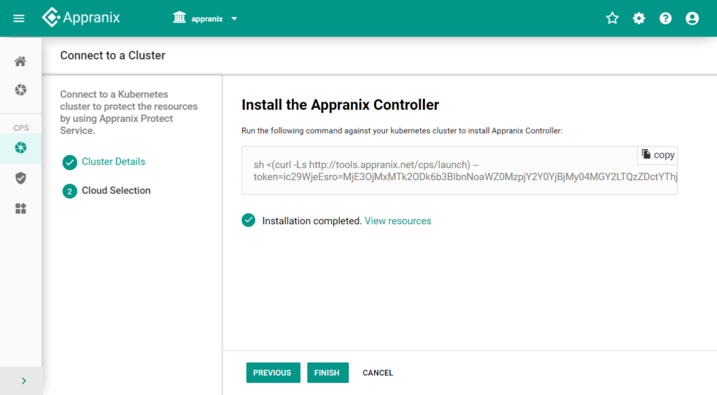 Appranix UI showing the curl command to install the controller agent for discovering cluster resources