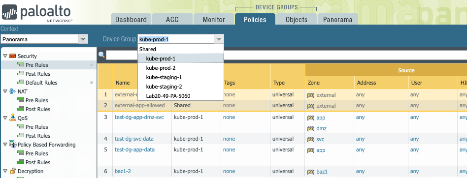 Screenshot of Palo Alto Networks Panorama showing Tigera Secure 2.5 kube-prod-1 device group configuration