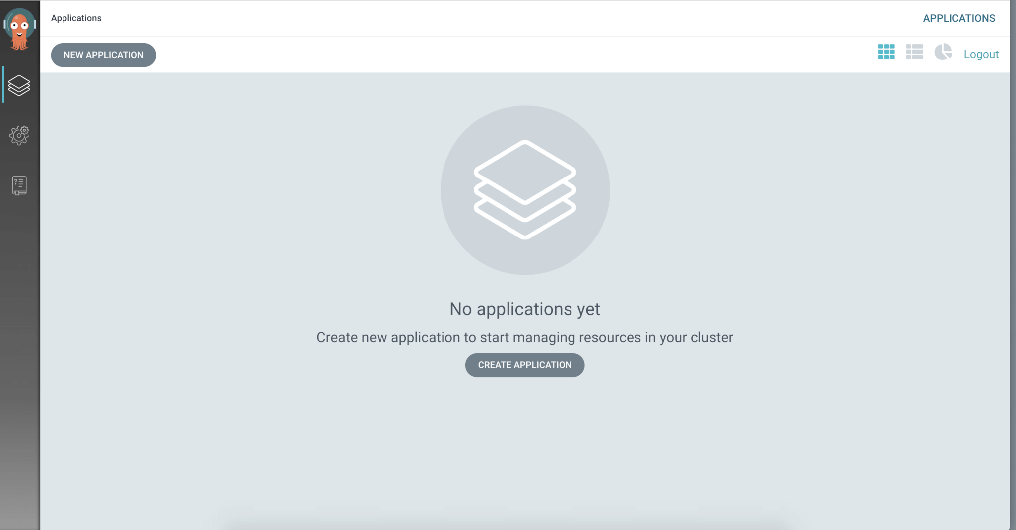 Argo CD's intuitive UI: clear "New Application" button & simple "No applications yet" message