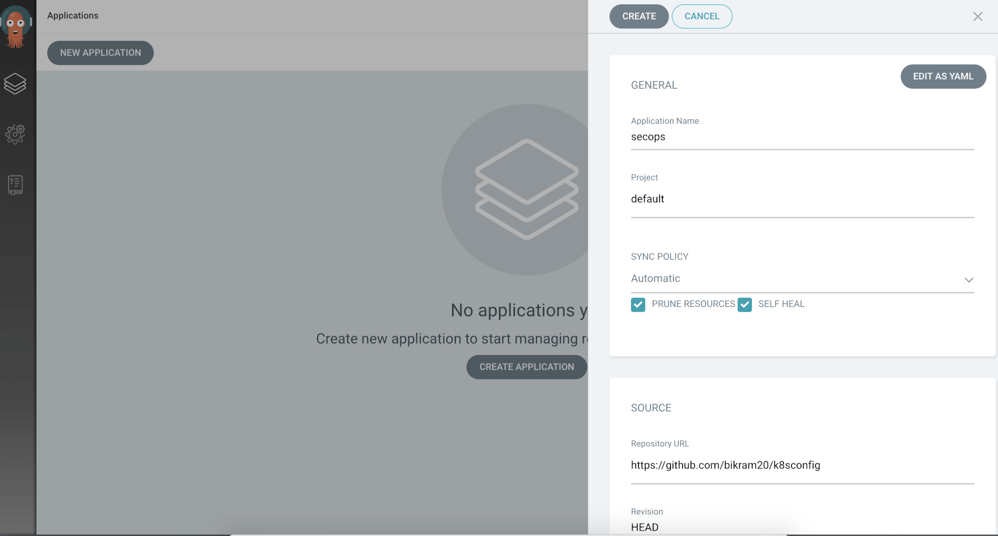 Screenshot of application creation form showing "Sync Policy" section with "Prune Resources" and "Self Heal" options checked