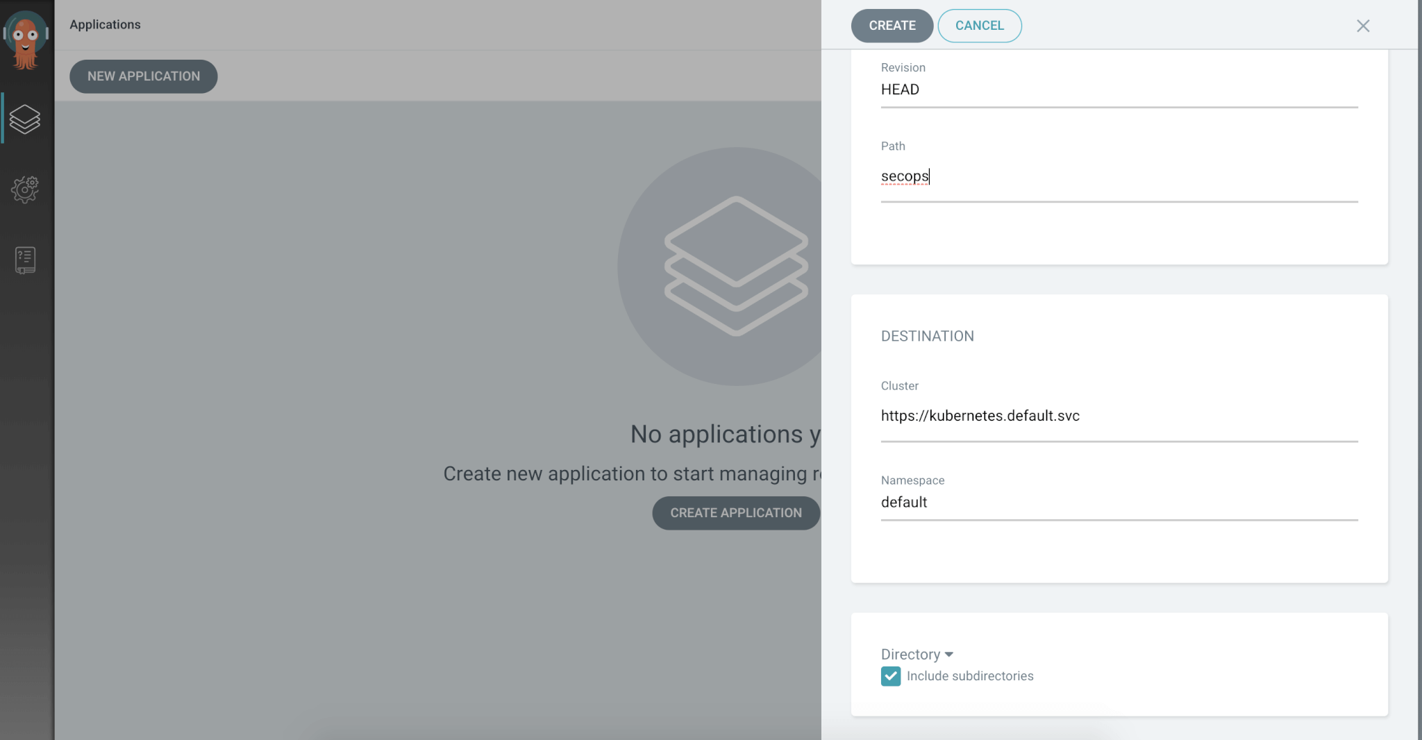Screenshot of application creation interface showing the "Directory" section with "Include subdirectories" checked