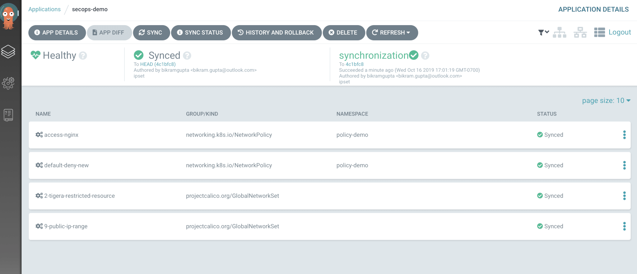 Argo CD sync status showing successful synchronization of Calico resources (ipsets) from Git