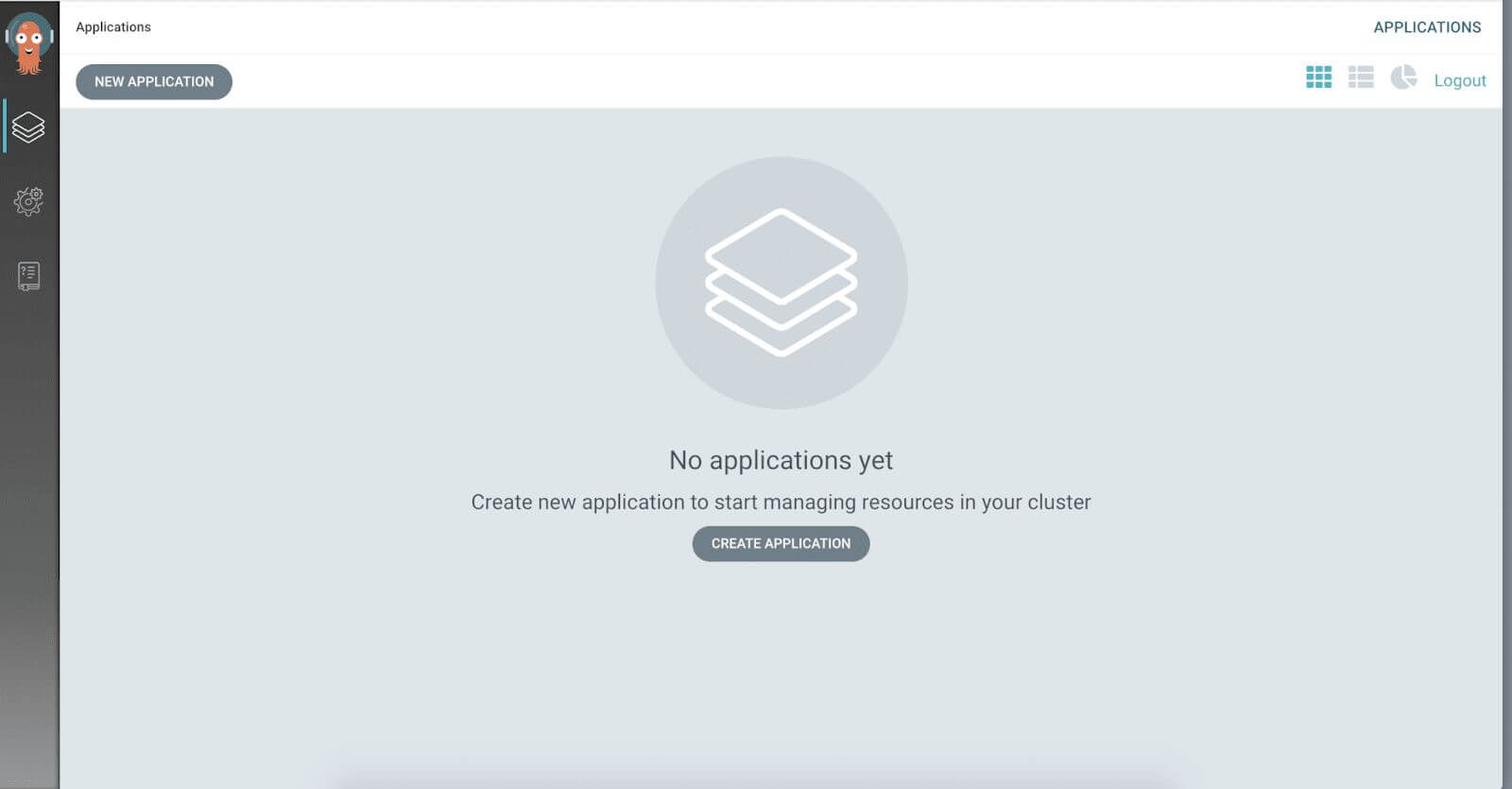 Argo CD's intuitive interface: simple "Create Application" button on a clean, empty dashboard