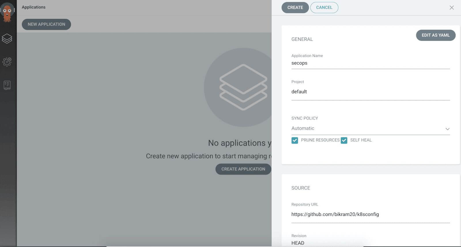 Screenshot of application creation form showing "Sync Policy" section with "Prune Resources" and "Self Heal" options selected