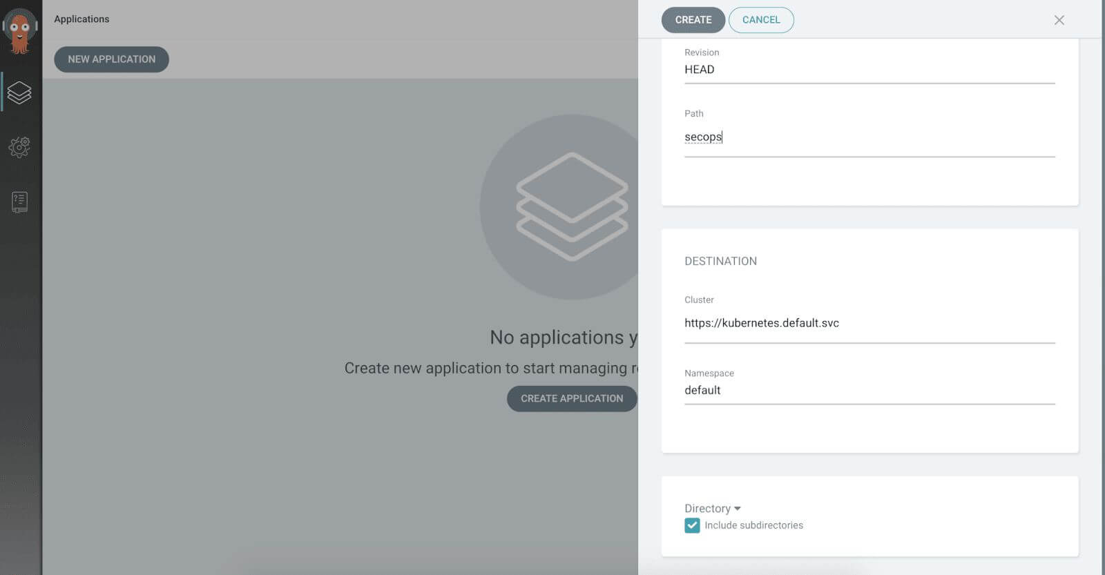 Screenshot of application creation interface showing empty application list and form to create a new application