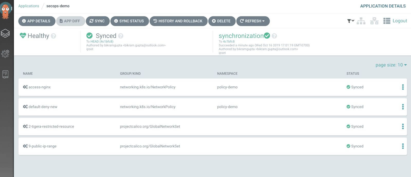 Argo CD dashboard showing synced Calico resources (ipsets) from Git, confirming successful synchronization