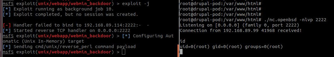 Terminal output showing netcat listening on port 2222 on the Drupal-pod, confirming successful setup