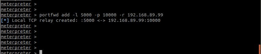 Command line output showing the creation of a TCP relay from port 5000 to 192.168.89.99:10000