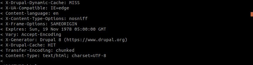 HTTP headers showing "X-Generator: Drupal 8," indicating the site is running Drupal 8