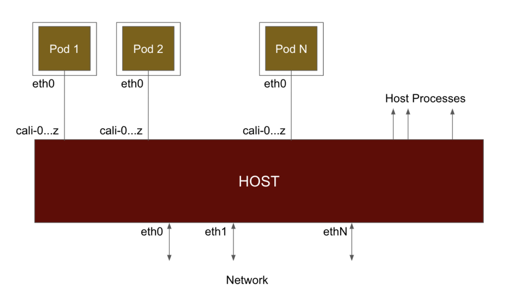 Calico network policy enforcement: Pods connecting to the host via Calico interfaces (cali-0...z) and the network via eth