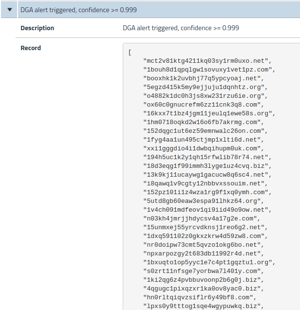 Screenshot of a DGA alert triggered with a confidence of 0.999, showing a list of detected DGA domains