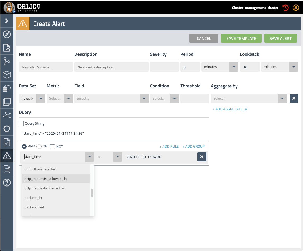 Screenshot of Calico's 'Create Alert' interface, showing options to define rules based on network flows and time, to detect