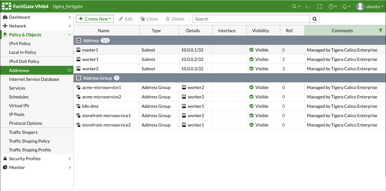 FortiGate GUI showing Kubernetes workloads (addresses/groups) managed by Tigera Calico Enterprise