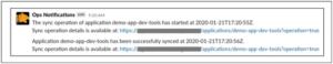 Slack notification: 'Application demo-app-dev-tools has been successfully synced.' Links to sync operation details
