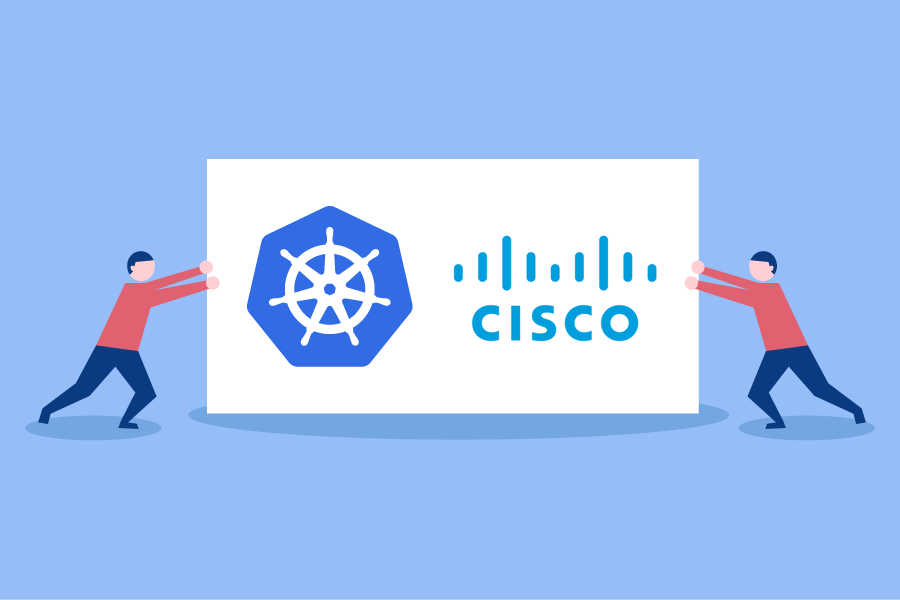 Two figures push a banner displaying Kubernetes and Cisco logos.
