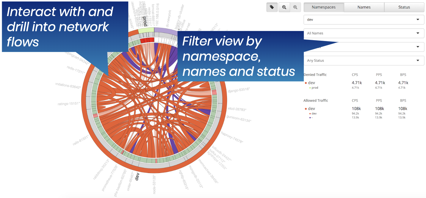 Calico Enterprise Flow Visualizer showing network flows. Filter by namespace, names, and status to troubleshoot problems